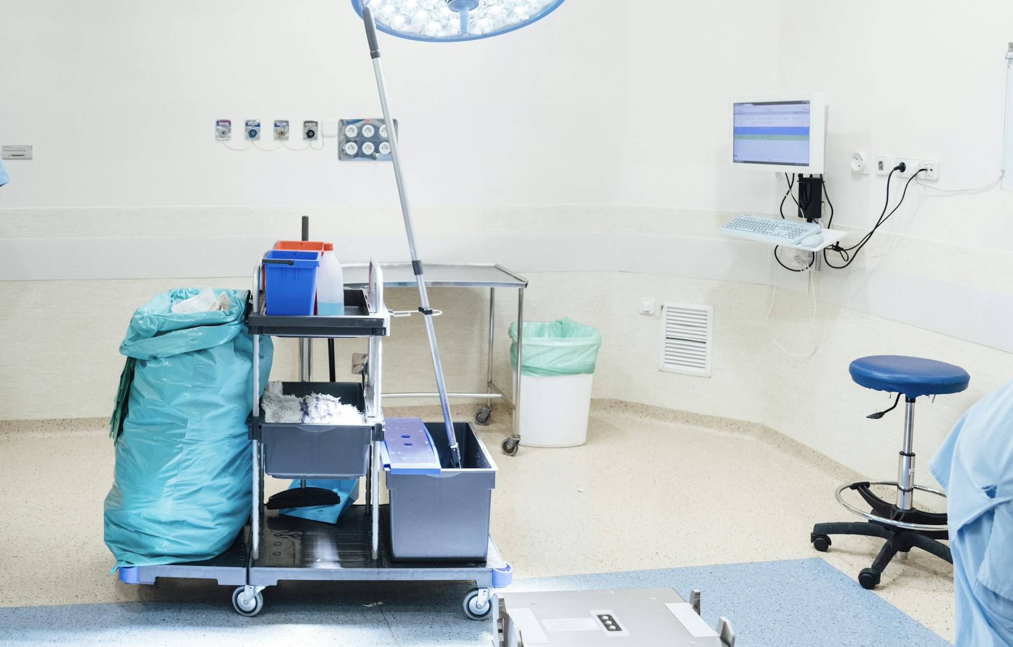 Cart with cleaning supplies in a hospital room